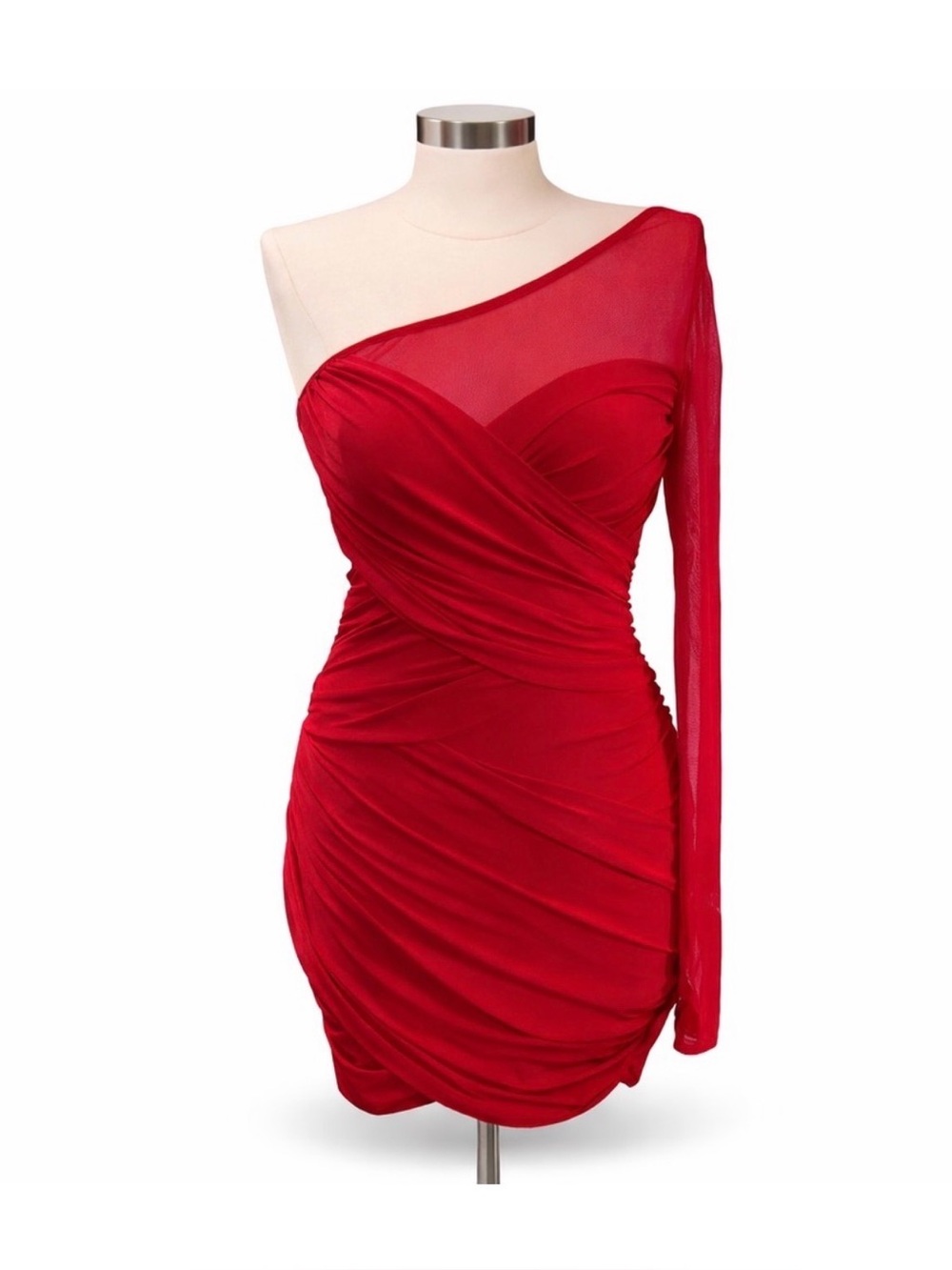 NWT Red One Shoulder Ruched Mesh Bodycon Cocktail Dress Size M